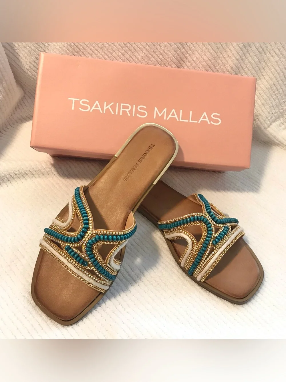 Tsakiris Mallas Greek Leather Flat Sandals Turquoise Beaded EU 41 US 10.5 NIB